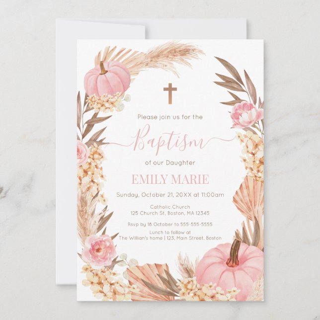 Baptism Boho Pampas Pink Pumpkin Invitation (Front)