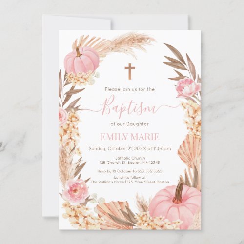 Baptism Boho Pampas Pink Pumpkin Invitation