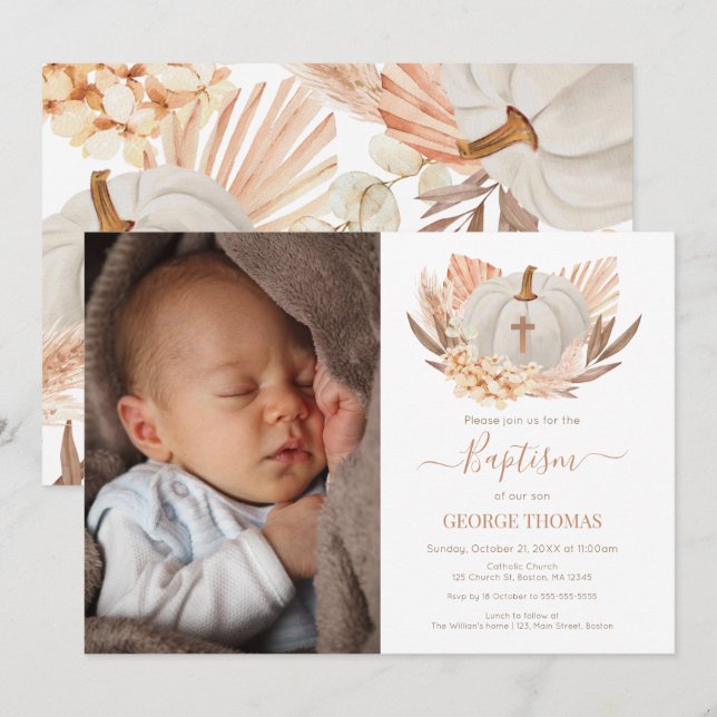 Baptism Boho white Pumpkin Photo Invitation  (Front/Back)