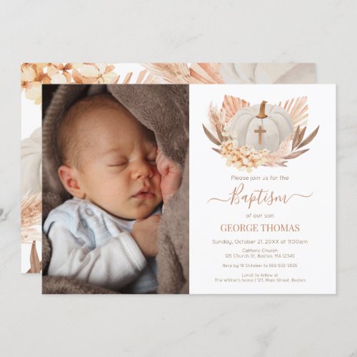 Baptism Boho white Pumpkin Photo Invitation 