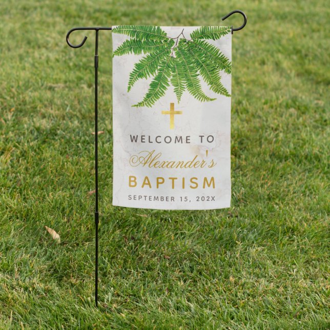 Baptism Botanical Fern Greenery Marble Welcome Garden Flag (In SItu)