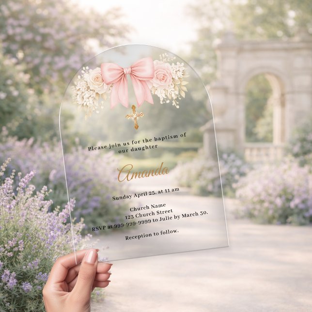 Baptism Bow Blush Pink Florals Neutrals Cross Arch Acrylic Invitations (Creator Uploaded)