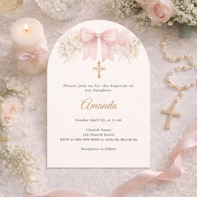 Baptism Bow Blush Pink Ivory Florals Cross Arch Invitation (Creator Uploaded)