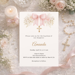 Baptism Bow Blush Pink Ivory Florals Girl Cross Invitation