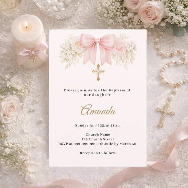 Baptism Bow Blush Pink Ivory Florals Girl Cross Invitation (Creator Uploaded)