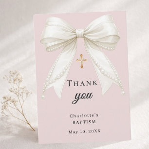 Baptism bow dusty blush pink ivory pearls thank you card