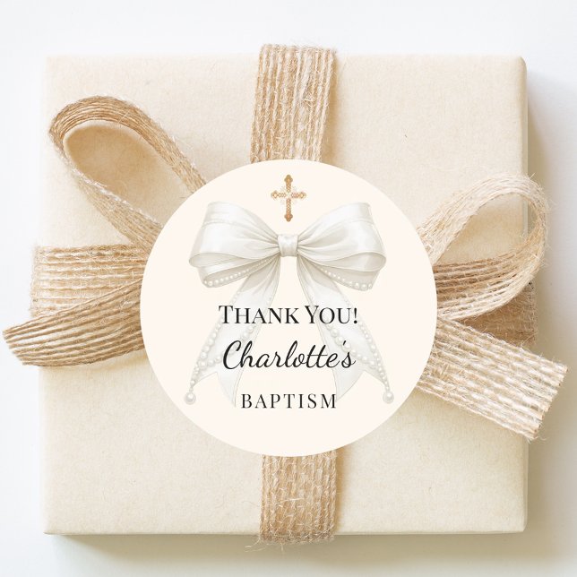 Baptism bow ivory white pearls cross thank you classic round sticker (Creator Uploaded)