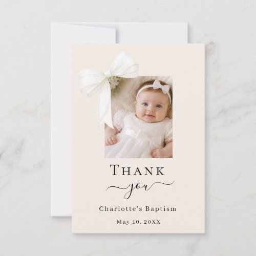 Baptism bow photo cream neutral thank you card