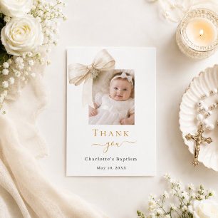 Baptism bow photo ivory cream girl thank you card