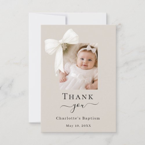 Baptism bow photo white neutral thank you card