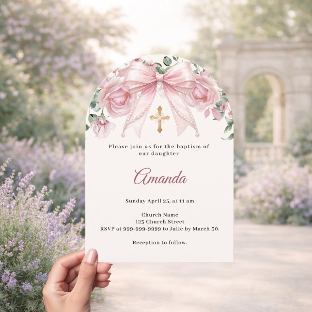 Baptism Bow Pink Ivory Florals Girl Cross Arch Invitation (Creator Uploaded)