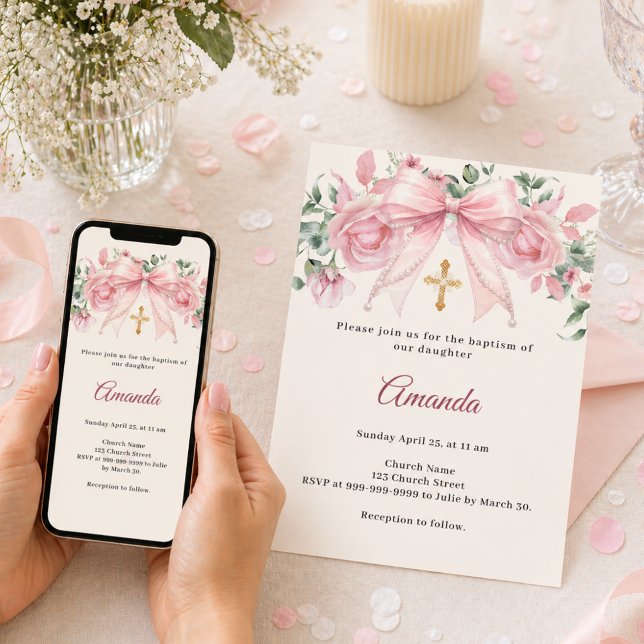 Baptism Bow Pink Ivory Florals Girl Cross Invitation (Creator Uploaded)