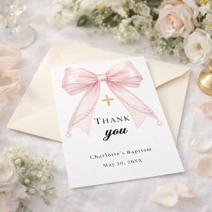 Baptism bow pink pearls gold cross thank you card