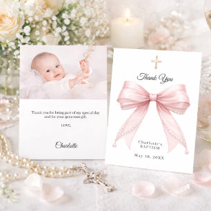 Baptism bow pink pearls photo girl thank you card