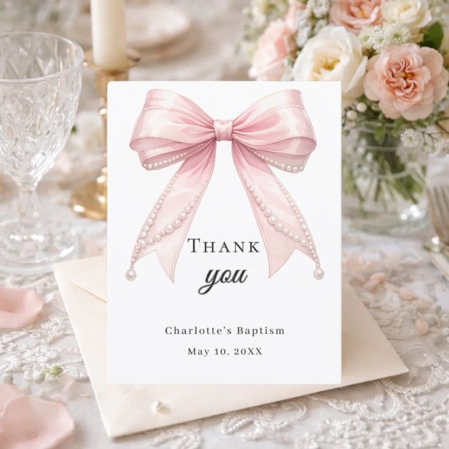 Baptism bow pink pearls thank you card (Creator Uploaded)