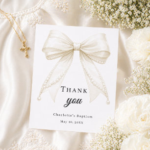 Baptism bow white cream pearls thank you card