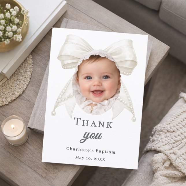 Baptism bow white ivory pearls photo girl thank you card (Creator Uploaded)