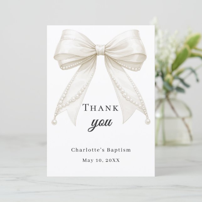 Baptism bow white ivory pearls thank you card (Standing Front)