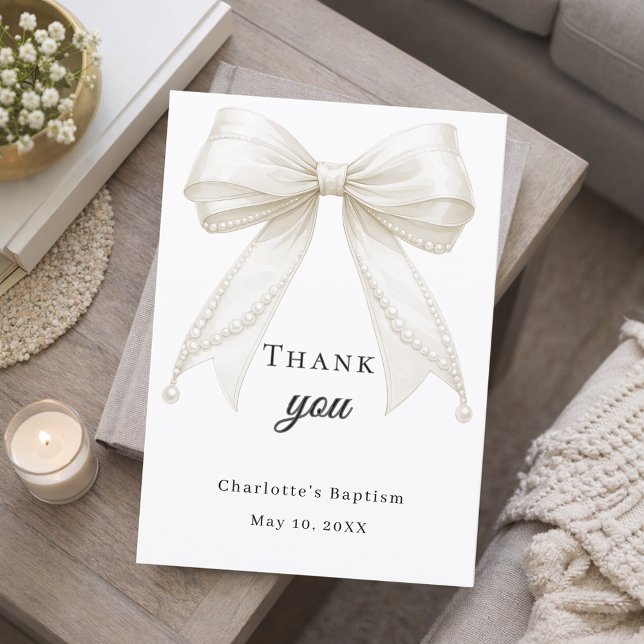 Baptism bow white ivory pearls thank you card (Creator Uploaded)