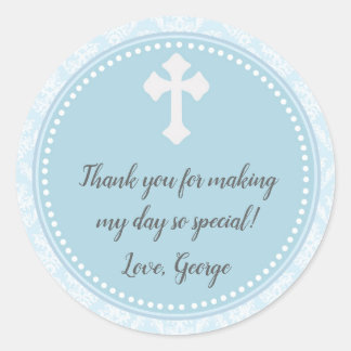 Baptism Boy Blue Damask Gift Favor Label