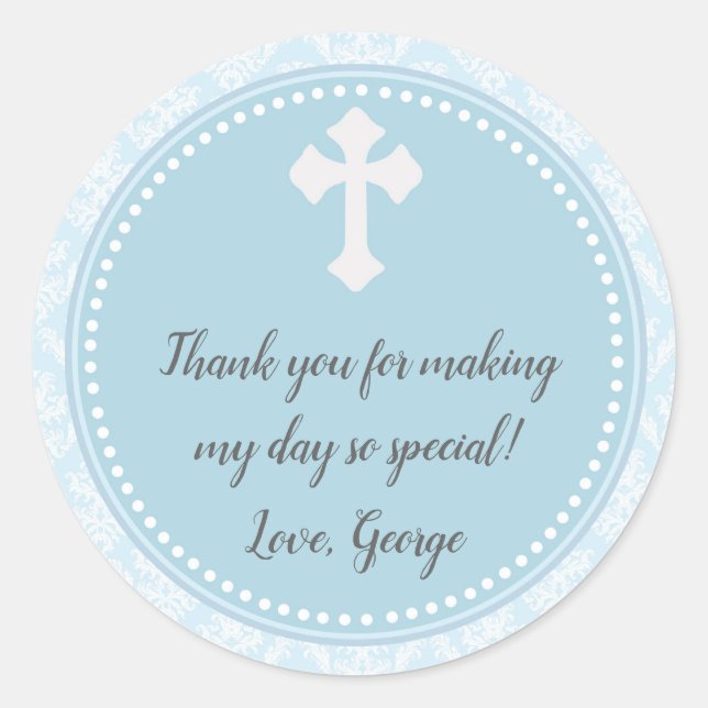 Baptism Boy Blue Damask Gift Favor Label (Front)