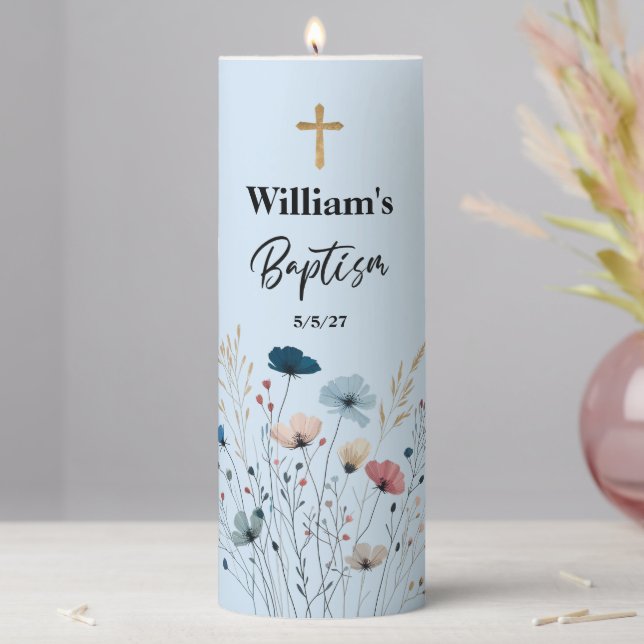 Baptism Boy Blue Floral  Pillar Candle (In Situ)