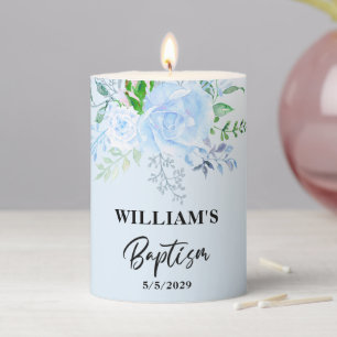 Baptism Boy Blue Floral Pillar Candle