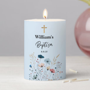 Baptism Boy Blue Floral Pillar Candle