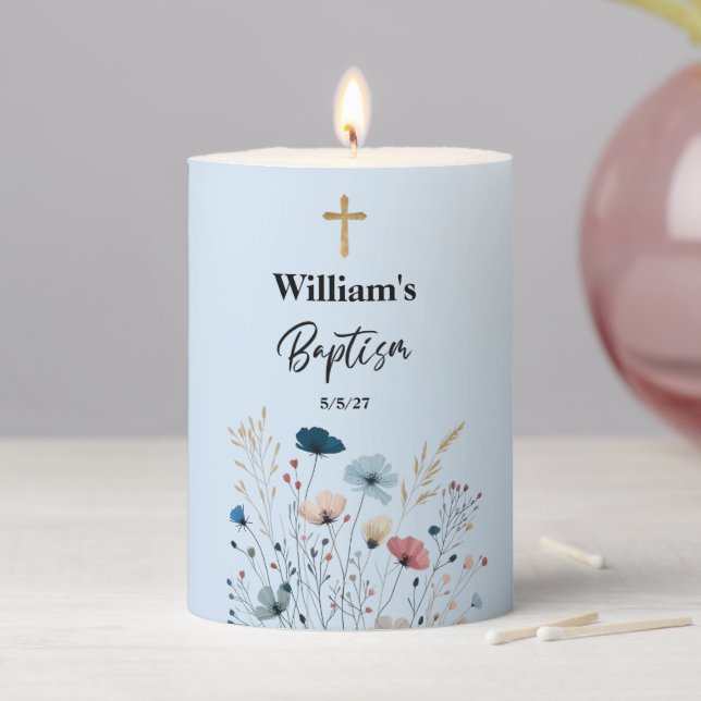 Baptism Boy Blue Floral  Pillar Candle (In Situ)