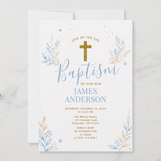 Baptism Boy Blue Gold Cross Floral Christening Invitation