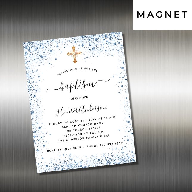 Baptism boy blue white gold invitation magnet (Creator Uploaded)