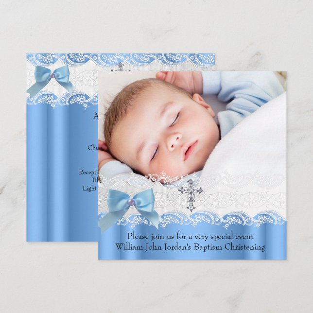 Baptism Boy Blue White Lace Photo Jewel Cross Bow Invitation (Front/Back)