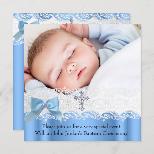 Baptism Boy Blue White Lace Photo Jewel Cross Bow Invitation