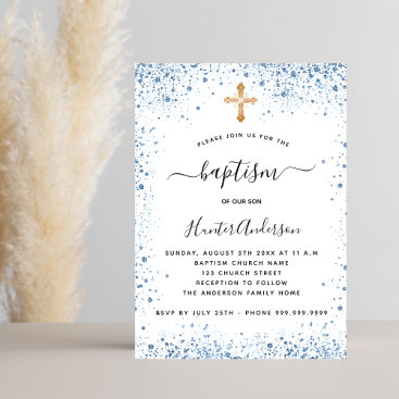 Baptism boy blue white sparkles gold cross invitation