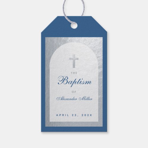 Baptism Boy Classic Blue Script Faux Silver Arch   Gift Tags