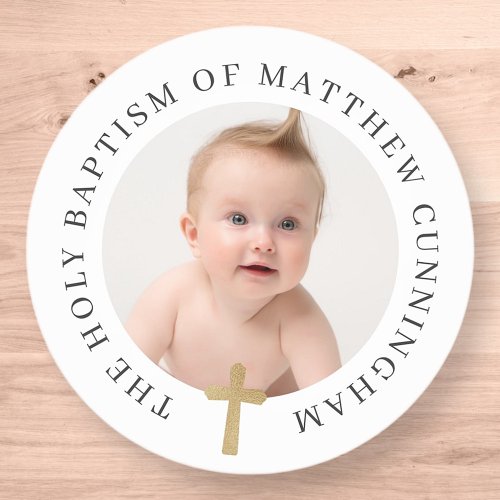 Baptism Boy  Custom Photo and Simple Gold Cross Classic Round Sticker