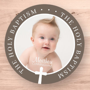 Baptism Boy   Custom Photo and Simple White Cross Classic Round Sticker