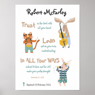 Baptism Boy Cute Musical Animals With Bible Verse Poster