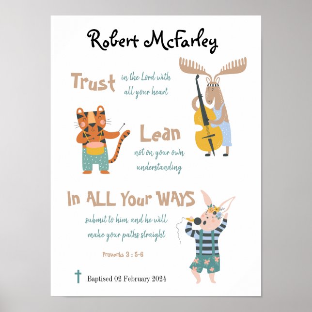 Baptism Boy Cute Musical Animals With Bible Verse  Poster (Front)