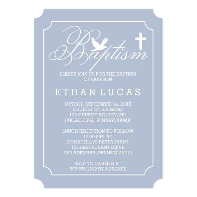 Baptism | Boy Dove And Cross On Blue Invitation