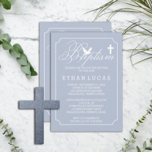 Baptism Boy Dove and Cross on Blue Invitation