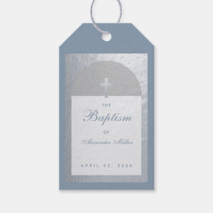 Baptism Boy Dusty Blue Faux Silver Arch Script Gift Tags