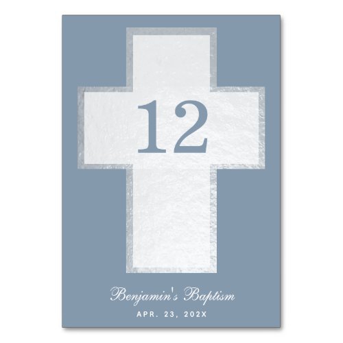 Baptism Boy Dusty Blue White Cross Faux Silver Table Number