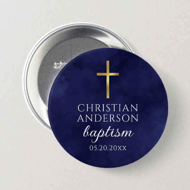 Baptism Boy Elegant Royal Blue Button (Front & Back)