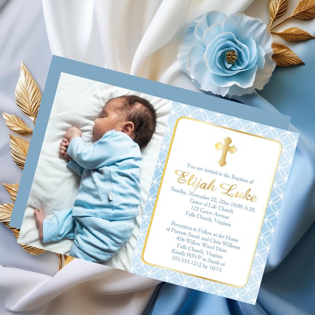 Baptism | Boy Eternity Rings Crosses Photo Foil Invitation (Elegant Baptism Boy Eternity Rings and Cross Photo Gold Foil Invitation)