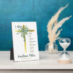 Baptism Boy Eucalyptus Leaves On Crucifix Plaque<br><div class="desc">This baptism plaque is perfect for a boy of any age. This baptism design features some green leaves on a crucifix. There are seven uplifting words associated with their bible verses. You can replace the boy's name, the words and associated verses, and specify the baptism date. This plaque will look...</div>