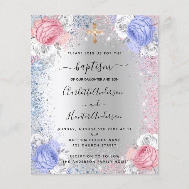 Baptism boy girl blue pink silver invitation (Front)