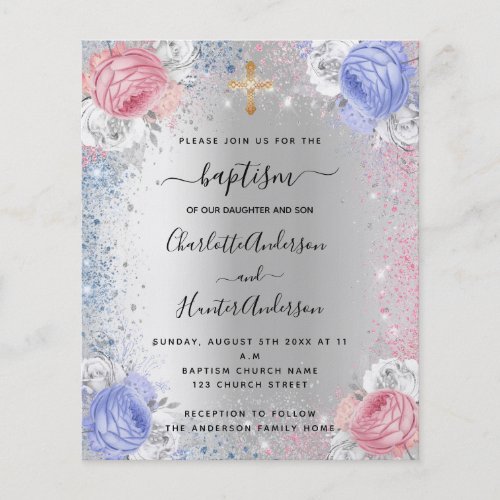 Baptism boy girl blue pink silver invitation flyer
