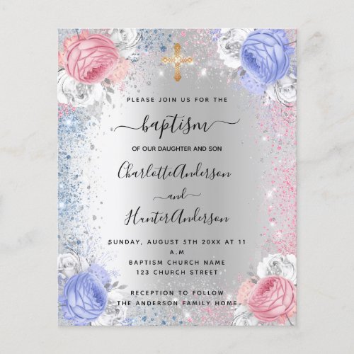 Baptism boy girl blue pink silver invitation flyer