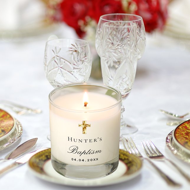 Baptism boy girl gold cross name script scented candle (Creator Uploaded)